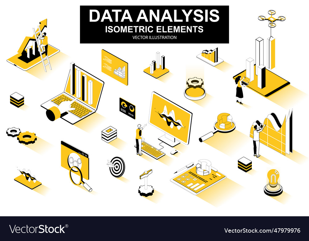 Data analysis bundle of isometric elements vector image Data analysis bundle of isometric elements