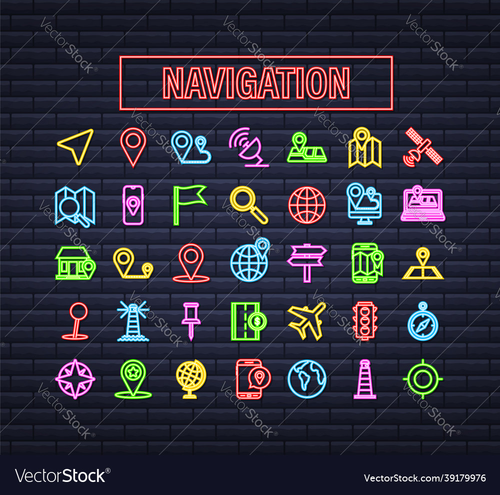 Navigation and map neon icons set stock Vector Image Navigation and map neon icons set stock
