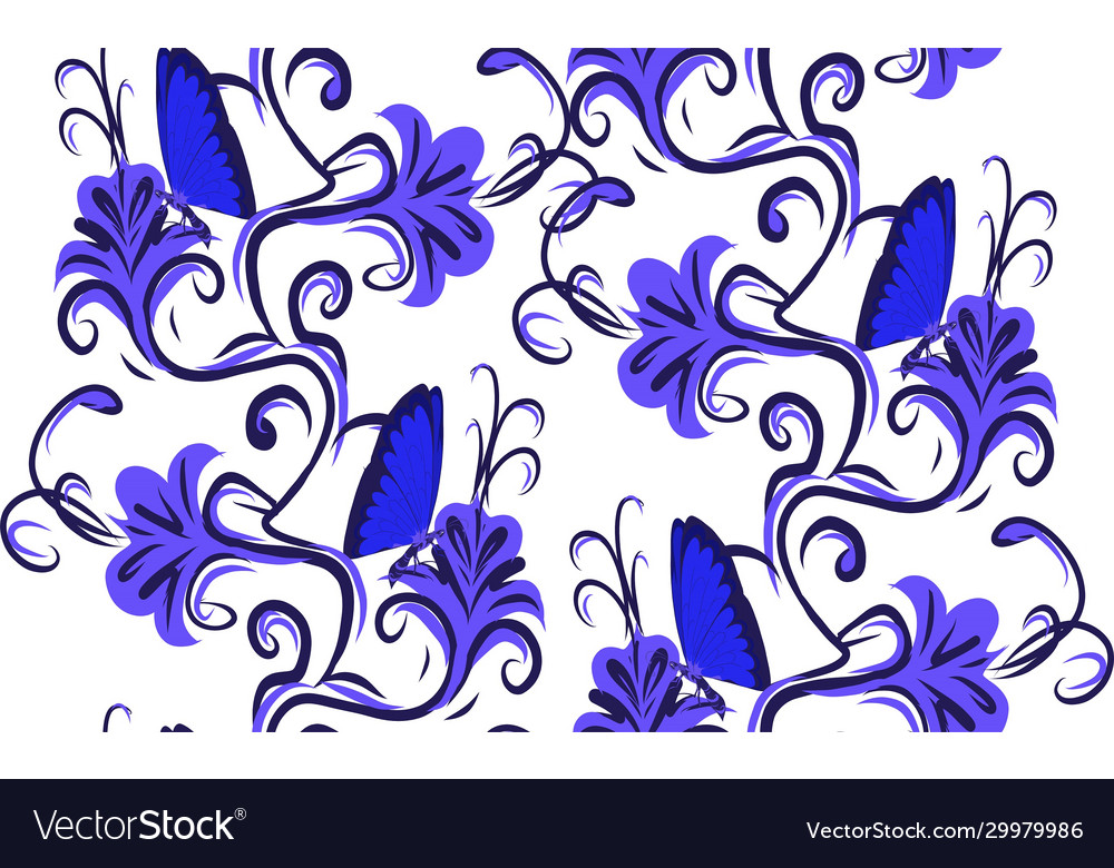 Pattern butterflies sit on flowers lines in blue