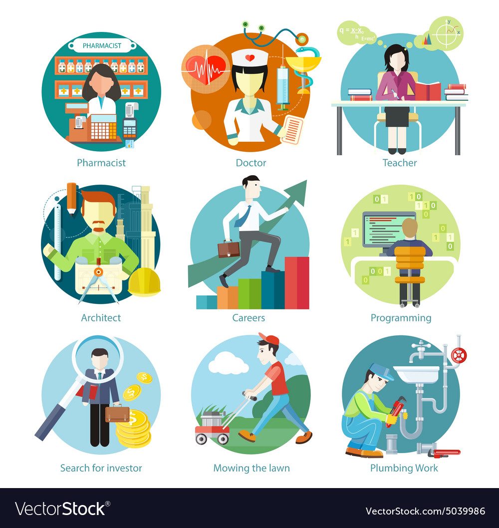 Set of circle icons with different professions
