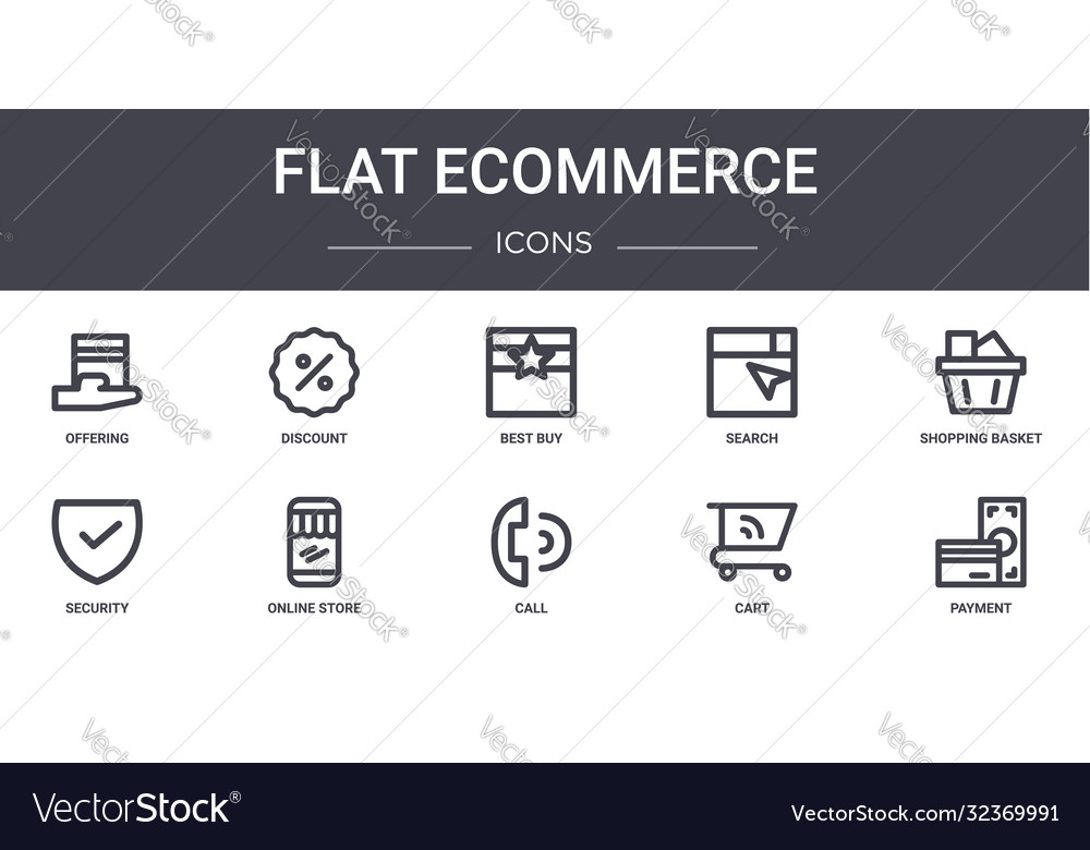 Flat ecommerce concept line icons set contains vector image Flat ecommerce concept line icons set contains