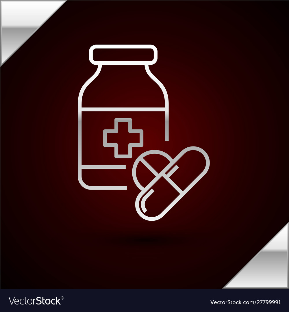 Silver line medicine bottle and pills icon