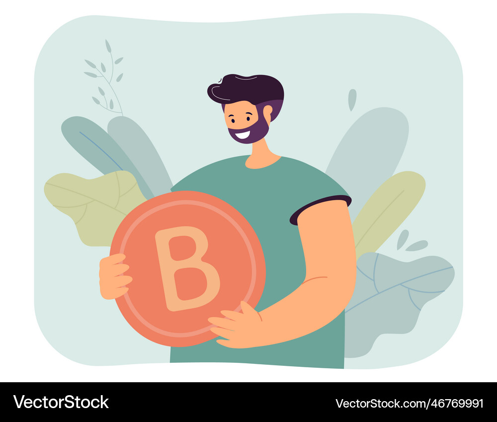 Tiny Happy Investor Holding Gold Bitcoin Vector Image