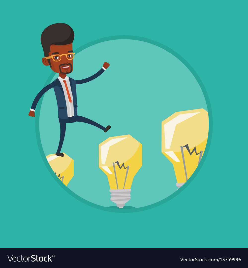 Businessman jumping on light bulbs