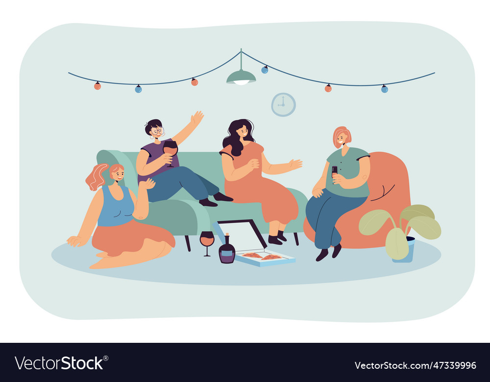 Cheerful female cartoon friends gathering at home Vector Image