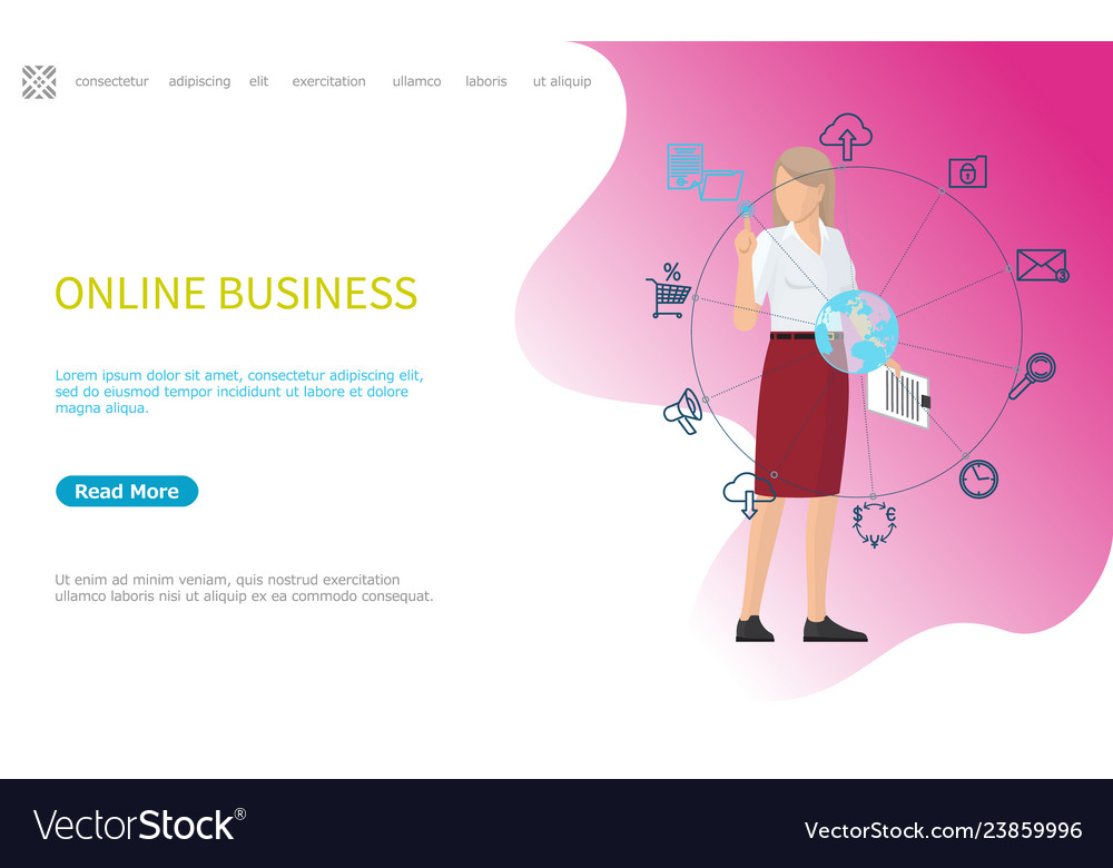 Online business web poster woman working worldwide