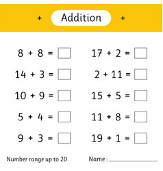 Addition number range up to 20 math worksheet Vector Image