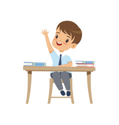 Cute girl sitting at the desk and rising her hand Vector Image