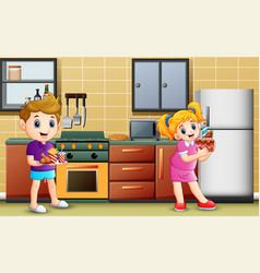 Cute boy holding a roasted in the kitchen Vector Image