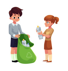 Kids boys collect plastic bottles into garbage Vector Image