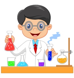 Cartoon boy scientist holding a flask Royalty Free Vector