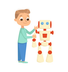 Cute boy creating and programming smart robot Vector Image