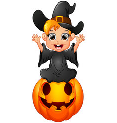 Little witch cartoon sitting on the pumpkin Vector Image