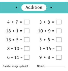 Addition number range up to 20 math worksheet Vector Image