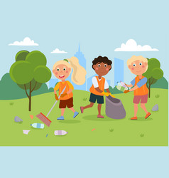 Volunteer children cleaning park Royalty Free Vector Image