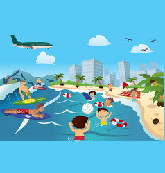  Kids playing boat around water on seashore Vector Image