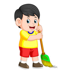 Boy Using The Red Clotheis Holding The Broom Vector Image