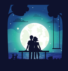 Couple on a hill sitting under the moonlight Vector Image