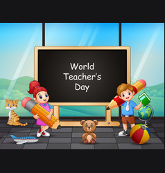 Happy teachers day with kids holding a pencil Vector Image