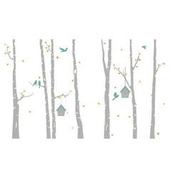 Birch tree with deer and birds silhouette Vector Image