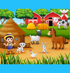 Farmer and farm animal in the farmyard Royalty Free Vector