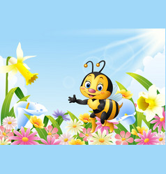 Cartoon bee in the sunflower field Royalty Free Vector Image