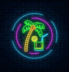 Neon summer cocktail bar sign on dark brick wall Vector Image