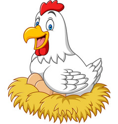 Cartoon hen in the nest brooding her egg Vector Image