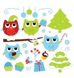 Cute cartoon christmas Owls set isolated on white Vector Image