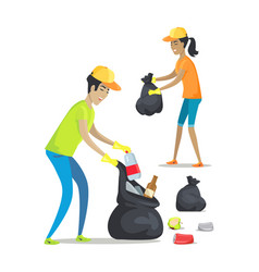 Man and woman collecting garbage in recycling bin Vector Image