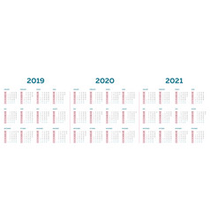 Calendar for 2019 2020 2021 2022 2023 2024 Vector Image