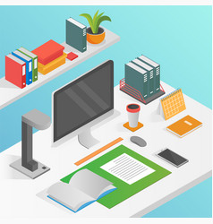 Flat 3d isometric workspace concept with laptop on
