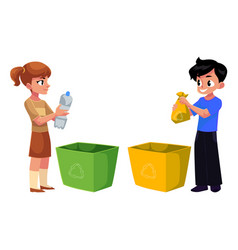 Kids children throw plastic bottles in trash Vector Image