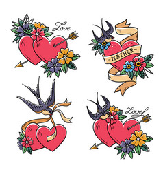 Tattoo heart with swallow flowers and word mother Vector Image