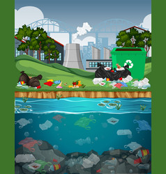 Water pollution with plastic bags in park Vector Image