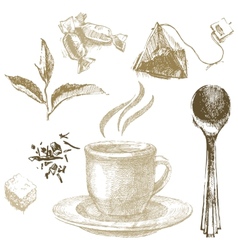 Ink hand drawn sketch style tea set Royalty Free Vector