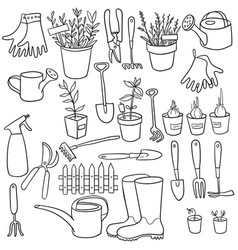 Spring garden doodle setOutline toolsplants Vector Image