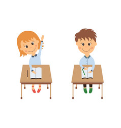 Flat girl sitting at desk raising hand Royalty Free Vector