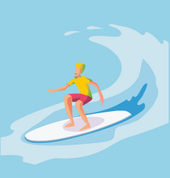 Cartoon boy playing surfboard with big waves Vector Image