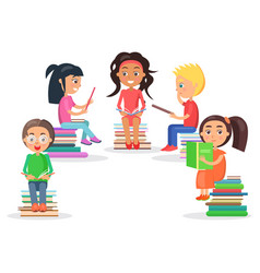 Schoolgirls with books set of little kids holding Vector Image