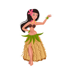 Hawaiian girl in grass skirt dancing and hibiscus Vector Image