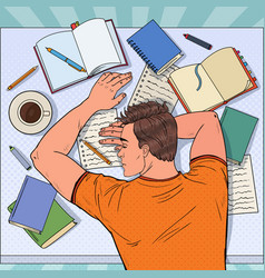 Pop art tired student lying on floor among books Vector Image