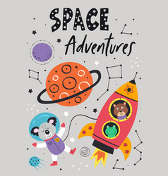 Poster with space animals in rockets Royalty Free Vector