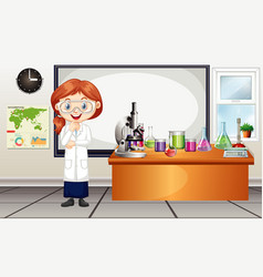 Female scientist holding flasks Royalty Free Vector Image