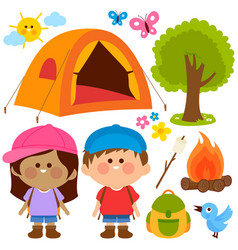 Happy children in a camping site Royalty Free Vector Image