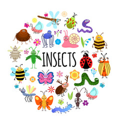 Flat funny insects round concept Royalty Free Vector Image