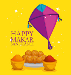 Happy makar sankranti with kites and food Vector Image