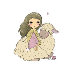 Knitting girl and a cute cartoon sheep Royalty Free Vector