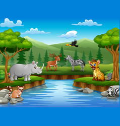 Animals cartoon are enjoying nature by the river Vector Image