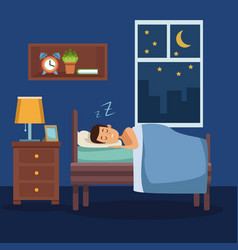 Colorful scene boy dreaming in bed at night Vector Image